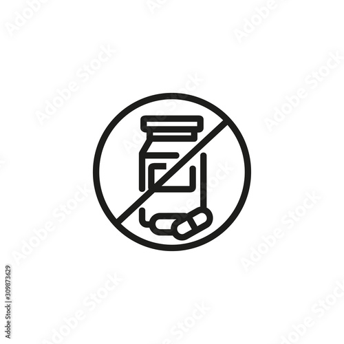 Drug allergy thin line icon. Forbidden sign with pill bottle. Medication intolerance. Drug allergy concept. Vector illustration symbol element for web design and apps