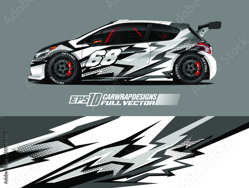 Racing car wrap design vector. Graphic abstract stripe racing background kit designs for wrap vehicle, race car, rally, adventure and livery. Full vector eps 10