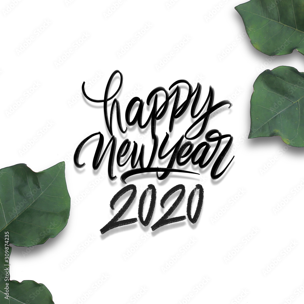 2020 New Years eve celebration hand lattering with  floral on white square format