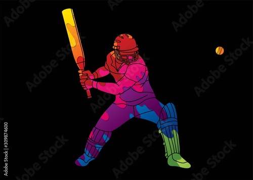 Cricket player action cartoon sport graphic vector.