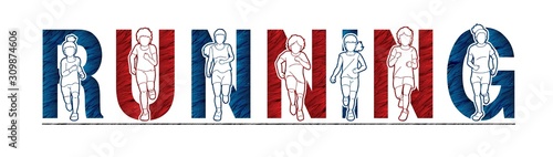 Group of children running, Boy and girl running together with text running background cartoon graphic vector.