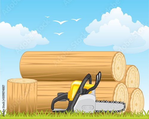 Year day and tools chainsaw on background of the wooden poles
