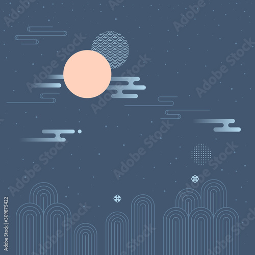 Korean traditional pattern on dark blue background. Sun, cloud, mountain illustration.