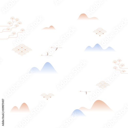 Korean traditional pattern background. Mountain, pine tree, red crowned crane.