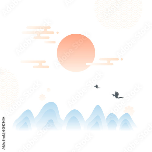 Korean traditional background. Mountain, sun, magpie.