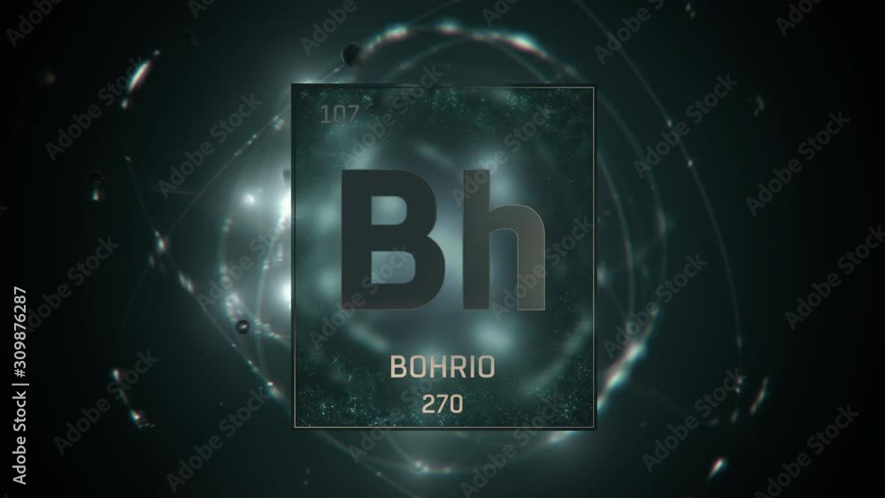 Bohrium as Element 107 of the Periodic Table. Seamlessly looping 3D animation on green illuminated atom design background with orbiting electrons. Name, atomic weight, element number in Spanish langua Bohrium as Element 107 of the Periodic Table. Seamlessly looping 3D animation on green illuminated atom design background with orbiting electrons. Name, atomic weight, element number in Spanish langua