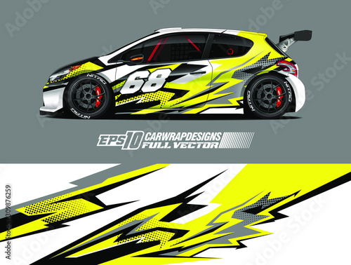 Racing car wrap design vector. Graphic abstract stripe racing background kit designs for wrap vehicle  race car  rally  adventure and livery. Full vector eps 10