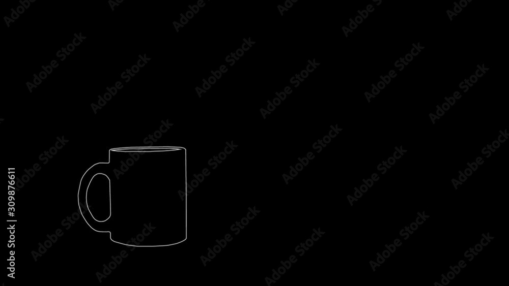 Self drawing steaming mug with hot drink. Sketch animation, drawing. Black background. Self drawing steaming mug with hot drink. Sketch animation, drawing. Black background.