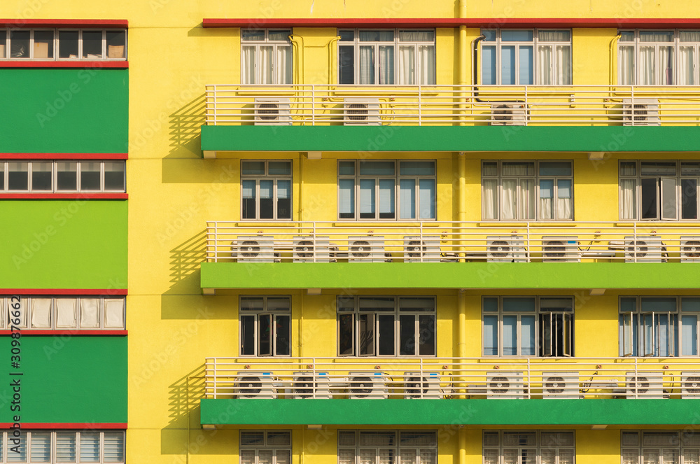 exterior of colorful residential building in Hong Kong city