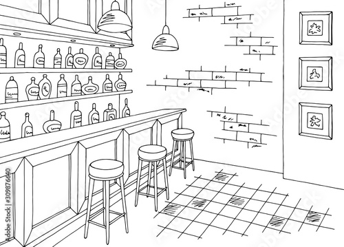 Bar interior graphic black white sketch illustration vector