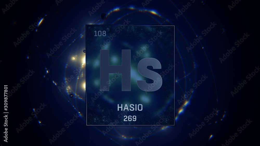 Hassium as Element 108 of the Periodic Table. Seamlessly looping 3D animation on blue illuminated atom design background with orbiting electrons. Name, atomic weight, element number in Spanish languag