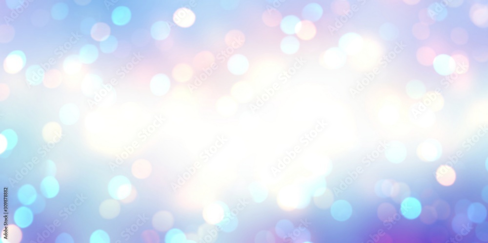 Bokeh blue lilac vignette on white empty background. Abstract texture glitter. Blurred illustration festive. Defocused pattern holiday. Fantastic lights.