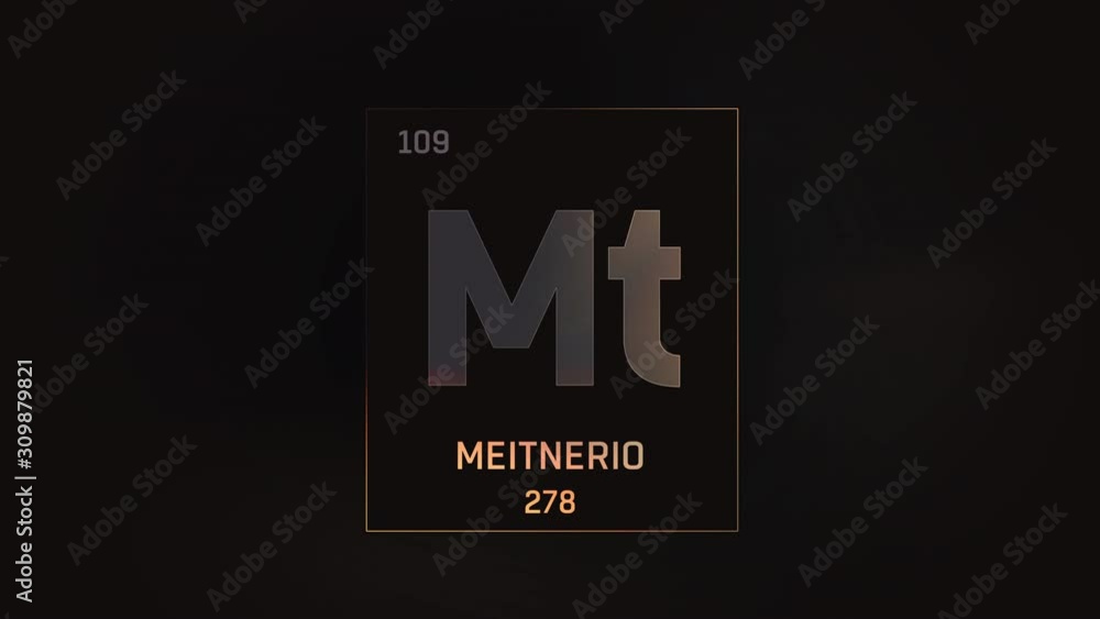 Meitnerium as Element 109 of the Periodic Table. Seamlessly looping 3D animation on grey illuminated atom design background with orbiting electrons. Name, atomic weight, element number in Spanish lang Meitnerium as Element 109 of the Periodic Table. Seamlessly looping 3D animation on grey illuminated atom design background with orbiting electrons. Name, atomic weight, element number in Spanish lang