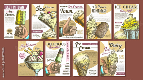 Assortment Frozen Ice Cream Set Posters Vector. Wafer Cone, Caramel Eskimo Or Chocolate Glaze Sundae With Nuts, Whipped Cream And Fruit Concept. Designed Template Colored Illustrations