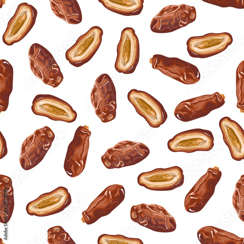 Dates fruits seamless pattern. Vector illustration of dried fruits on a white background in cartoon flat style. Dried date palm berries.  photo