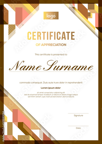 vertical modern luxury certificate of completion template with gold and brown abstract cube shape graphic background