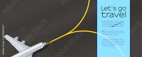 Aircraft on airport runway, top view. Airplane departing to destination. Let s go travel, advertising banner. Vector illustration, eps10.