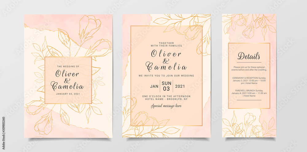 Creamy gold watercolor wedding invitation card template set with gold frame. Abstract background save the date, invitation, greeting card, cover vector