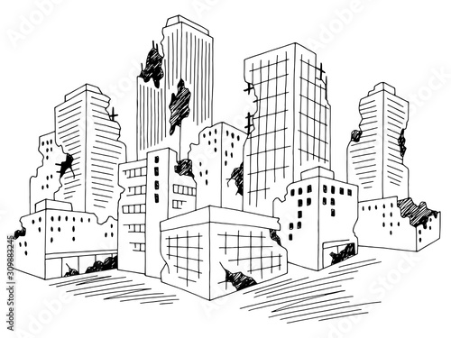 Ruined city graphic black white cityscape skyline sketch illustration vector