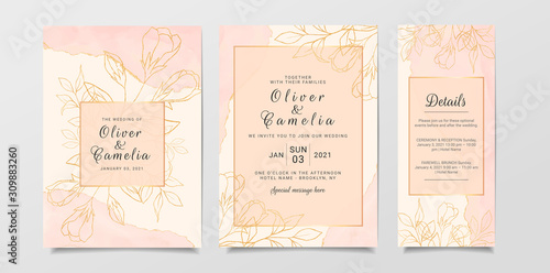 Creamy gold watercolor wedding invitation card template set with gold frame. Abstract background save the date, invitation, greeting card, cover vector