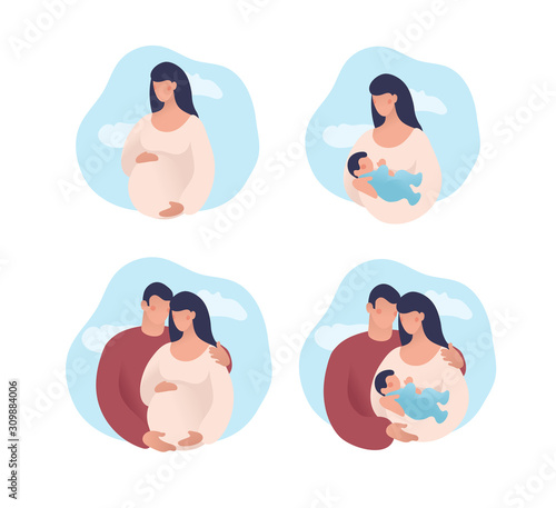 Set of concept illustrations about pregnancy, parenthood, motherhood. A pregnant woman, a man and a woman are waiting for the birth of a child, mother and father with a child. Flat vector isolated on