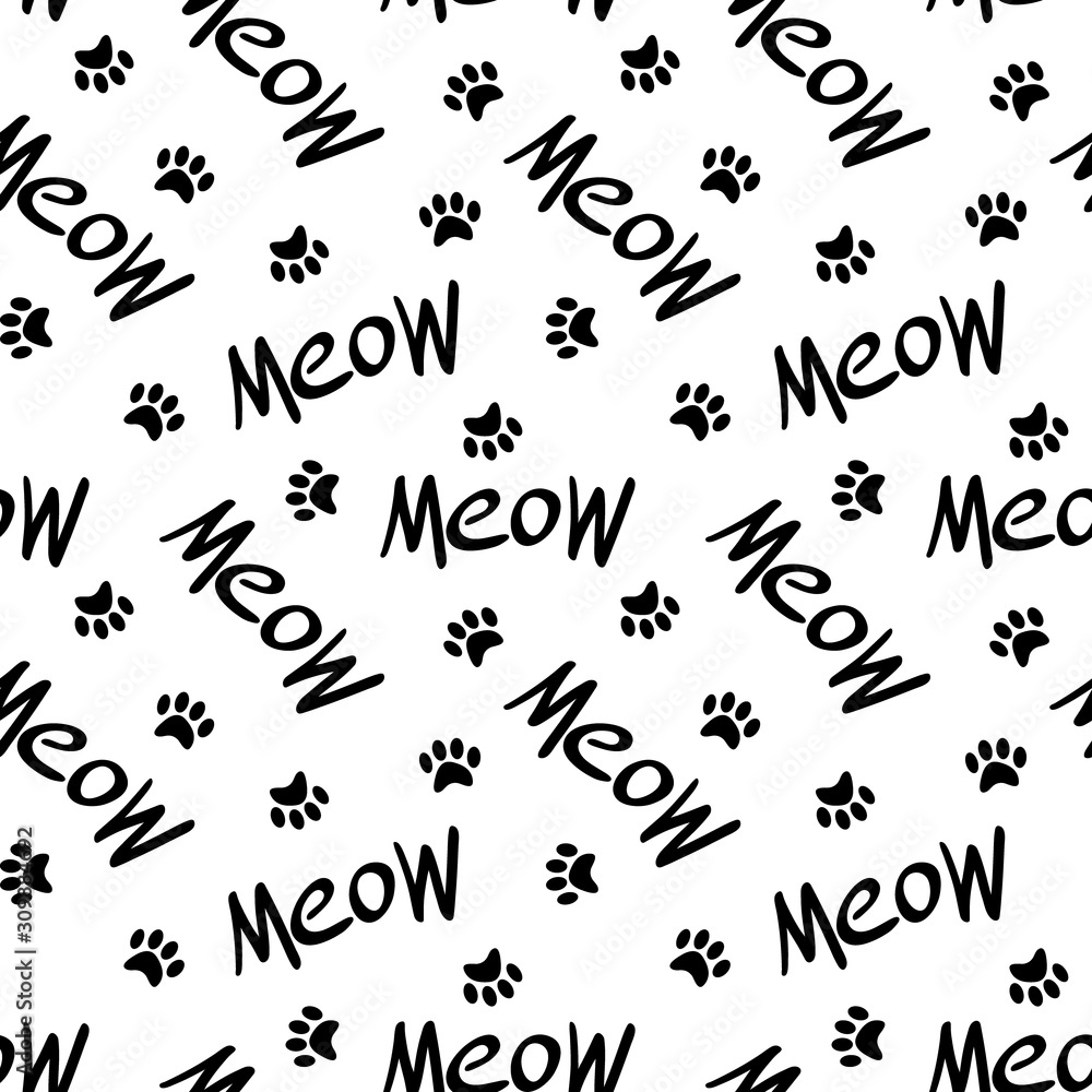 Seamless pattern with black meow lettering and paw prints. Simple objects on white background. Vector illustration. Seamless pattern with black meow lettering and paw prints. Simple objects on white background. Vector illustration.