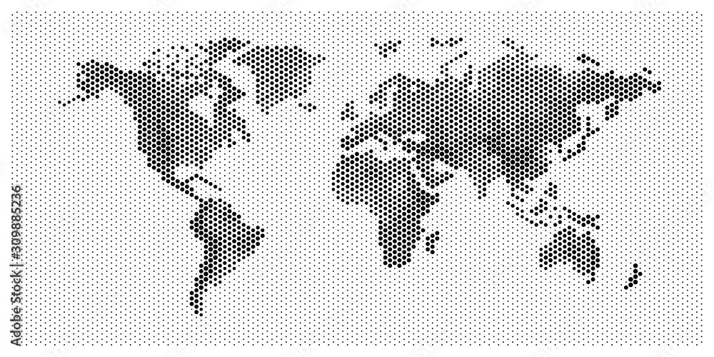 Naklejka premium world map flat pixel dots with Oceans in the design of points dots. Planet Earth background Dotted relievo banner. All the relief continents of the world in one picture of pixel Dotted perforation.