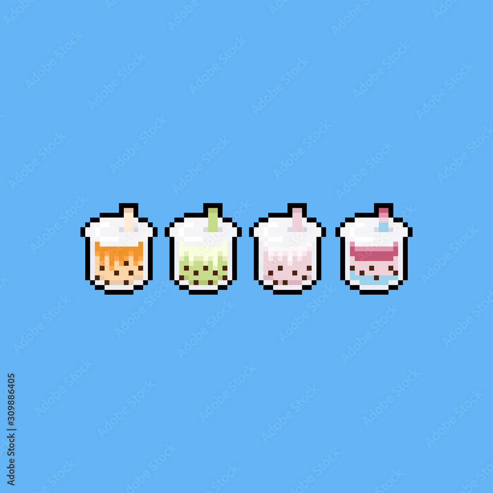 Pixel art cute bubble milk tea icon set. Stock Vector | Adobe Stock