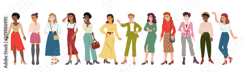 Vector colorful cartoon set of multiracial women in different poses. Isolated smiling ladies on white background. Various women dressed in fashion clothes. Flat style for your design