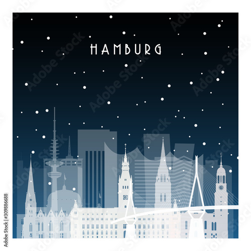 Winter night in Hamburg. Night city in flat style for banner, poster, illustration, background.