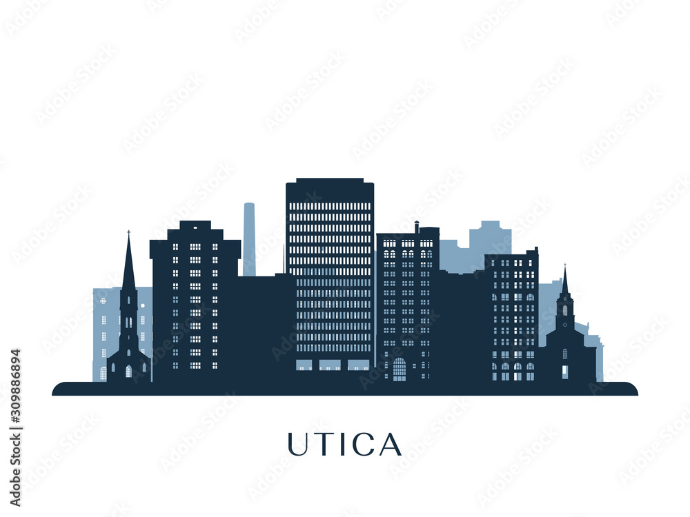 Utica skyline, monochrome silhouette. Vector illustration.