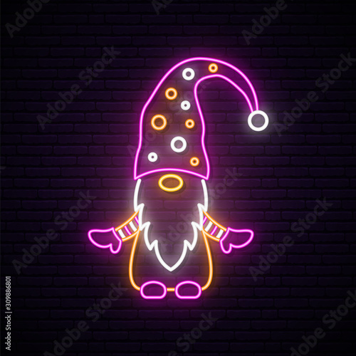 Scandinavian gnome neon sign. Christmas illustration in neon style. Happy New Year Design.