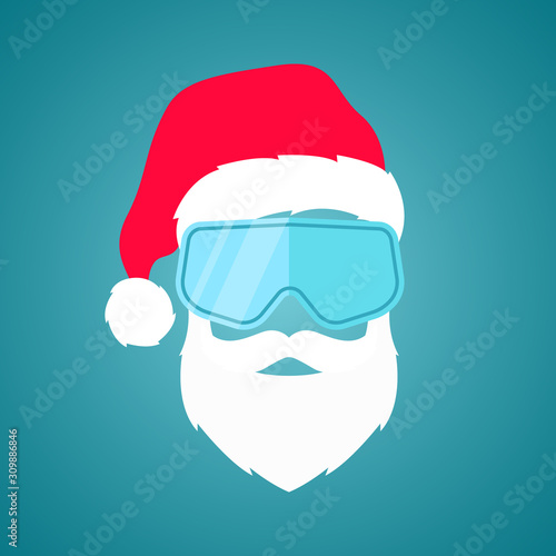 Santa Claus vector illustration. Hipster man in Santa red hat and snowboarding mask.