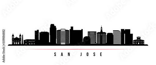 San Jose skyline horizontal banner. Black and white silhouette of San Jose, California. Vector template for your design.