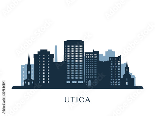 Utica skyline, monochrome silhouette. Vector illustration.