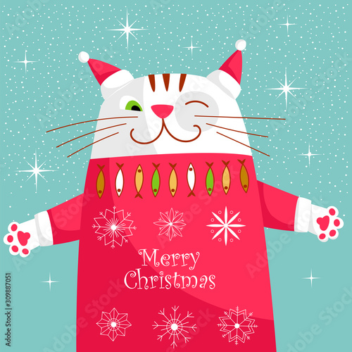 Christmas card with a cat. cat in Santa hat and sweater. vector illustration