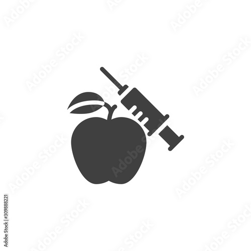 Apple with syringe vector icon. filled flat sign for mobile concept and web design. GMO, genetic engineering glyph icon. Symbol, logo illustration. Vector graphics