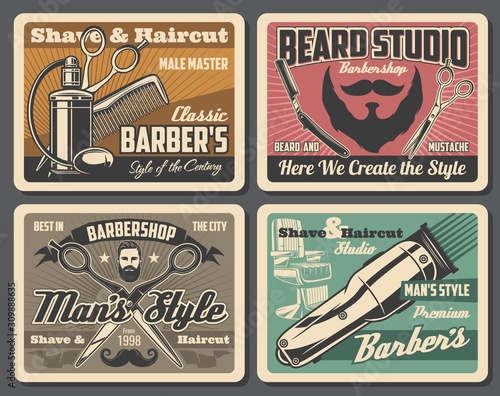 Barbershop professional salon, barber shop hairdresser premium vintage posters. Vector gentleman and hipster beard and mustaches, barber shop chair, shaving razor blade, hair comb and barber scissors
