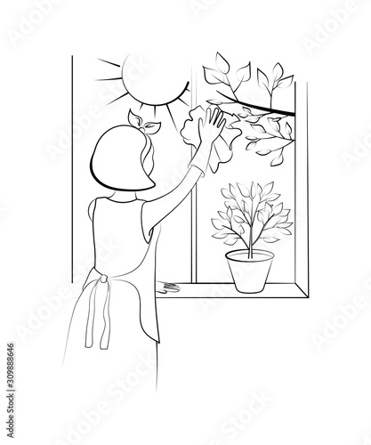  House cleaning. Cleanliness and tidiness. A woman washes a window. Contour image. Design element. Vector illustration.