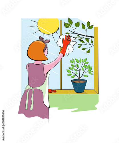 House cleaning. Cleanliness and tidiness. A woman washes a window. Color image. Design element. Vector illustration.