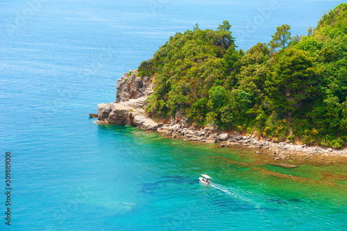 Beautiful beach with turquoise water in Budva, Montenegro. Adriatic sea. Famous travel destination