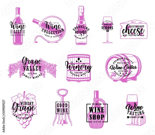 Wine shop, winemaking house and restaurant menu lettering calligraphy. Vector winery grand reserve wooden barrel, sommelier school and wine production compny, bottle corkscrew and grapes vineyard