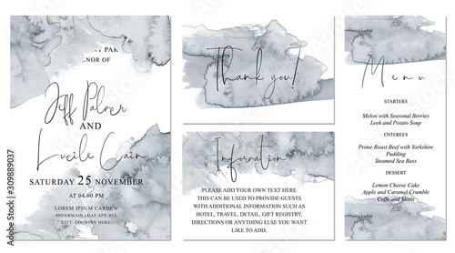 Watercolor abstract pale grey wedding set with hand drawn background.