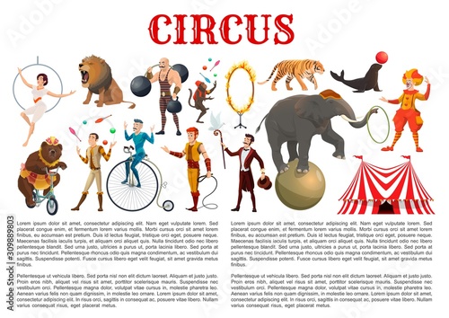 Circus entertainment show animal tamers, clowns and equilibrists, magician illusionist and muscleman. Vector big top circus lion in fire ring, elephant balancing on ball and monkey juggling pins