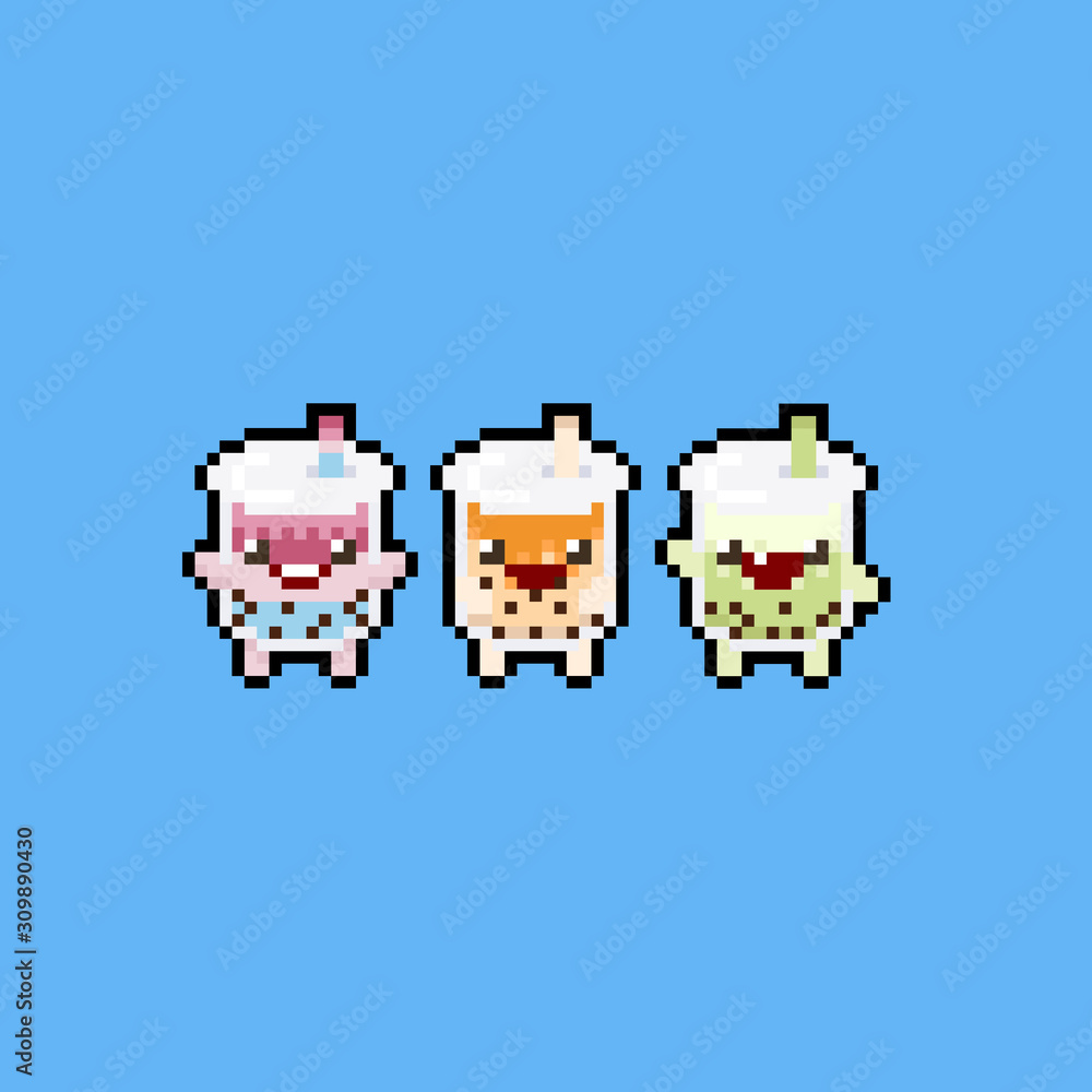 Pixel art cute cartoon bubble milk tea character icon set. Stock Vector Adobe Stock
