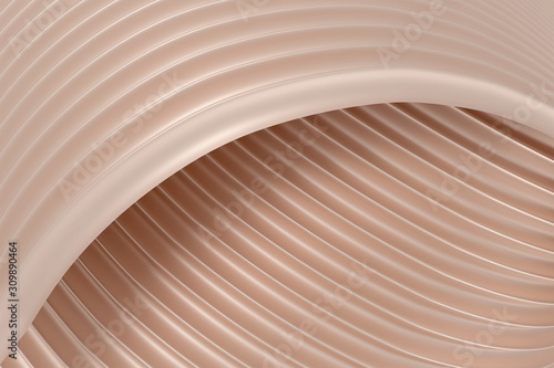3D abstract background with a brown shade of peach cream, consisting of overlapping wavy ribbed surfaces, reminiscent of the texture of plastic or metal. Wallpaper for graphic design or cover art.