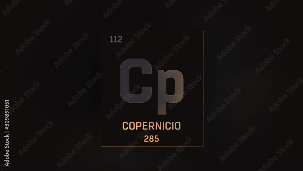 Copernicium as Element 112 of the Periodic Table. Seamlessly looping 3D animation on grey illuminated atom design background with orbiting electrons. Name, atomic weight, element number in Spanish lan Copernicium as Element 112 of the Periodic Table. Seamlessly looping 3D animation on grey illuminated atom design background with orbiting electrons. Name, atomic weight, element number in Spanish lan