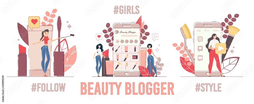 Women Fashion Bloggers Shooting Lipstick Review, Sharing Video Content in Social Media Set. Cosmetics Products Advertising, Creation Online Trading Platform and Channel. Beauty Blog and Style Vlog