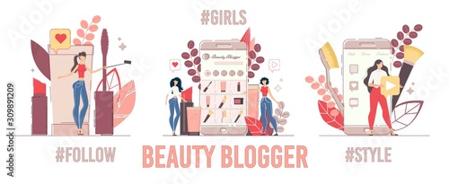 Women Fashion Bloggers Shooting Lipstick Review, Sharing Video Content in Social Media Set. Cosmetics Products Advertising, Creation Online Trading Platform and Channel. Beauty Blog and Style Vlog