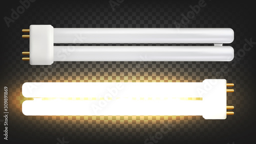 Lighting Lamp With Two Fluorescent Tubes Vector. Compact Electrical Low-pressure Mercury-vapor Gas-discharge Lamp Produce Visible Light Temporary Background. Template Realistic 3d Illustration